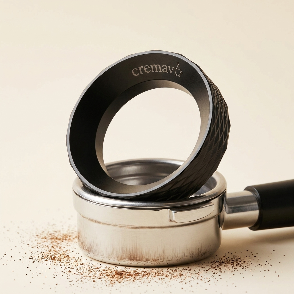 cremavo magnetic dosing funnel on portafilter, engraved