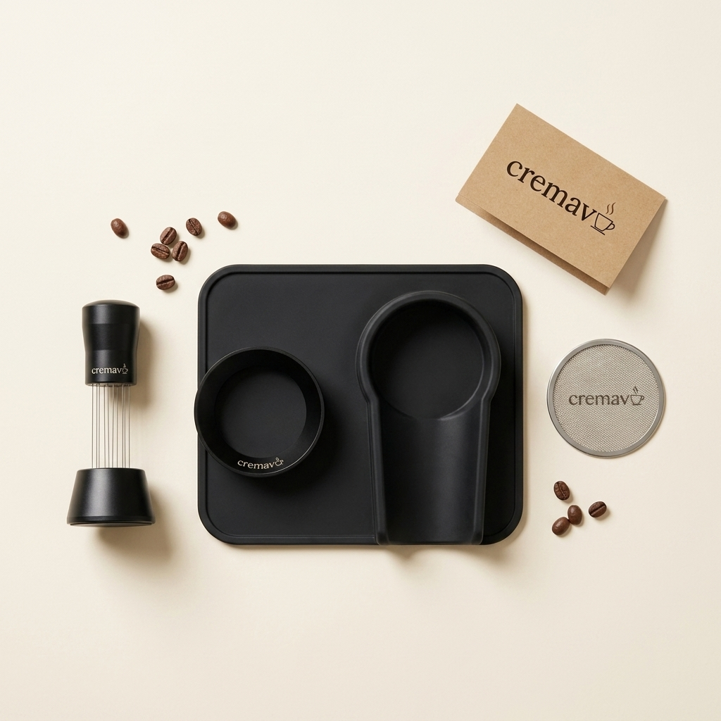 First Shot Kit — cremavo engraved puck-prep set, flat lay