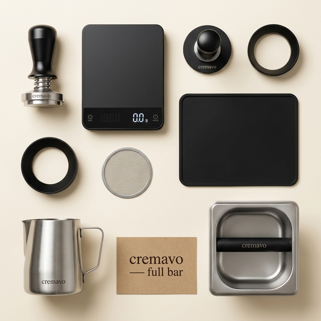 Full Bar Kit — complete cremavo home espresso bar, flat lay